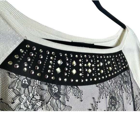 WHITE HOUSE BLACK MARKET Studded Floral Lace Overlay Ivory Thin Knit Sweater Top - Picture 4 of 13